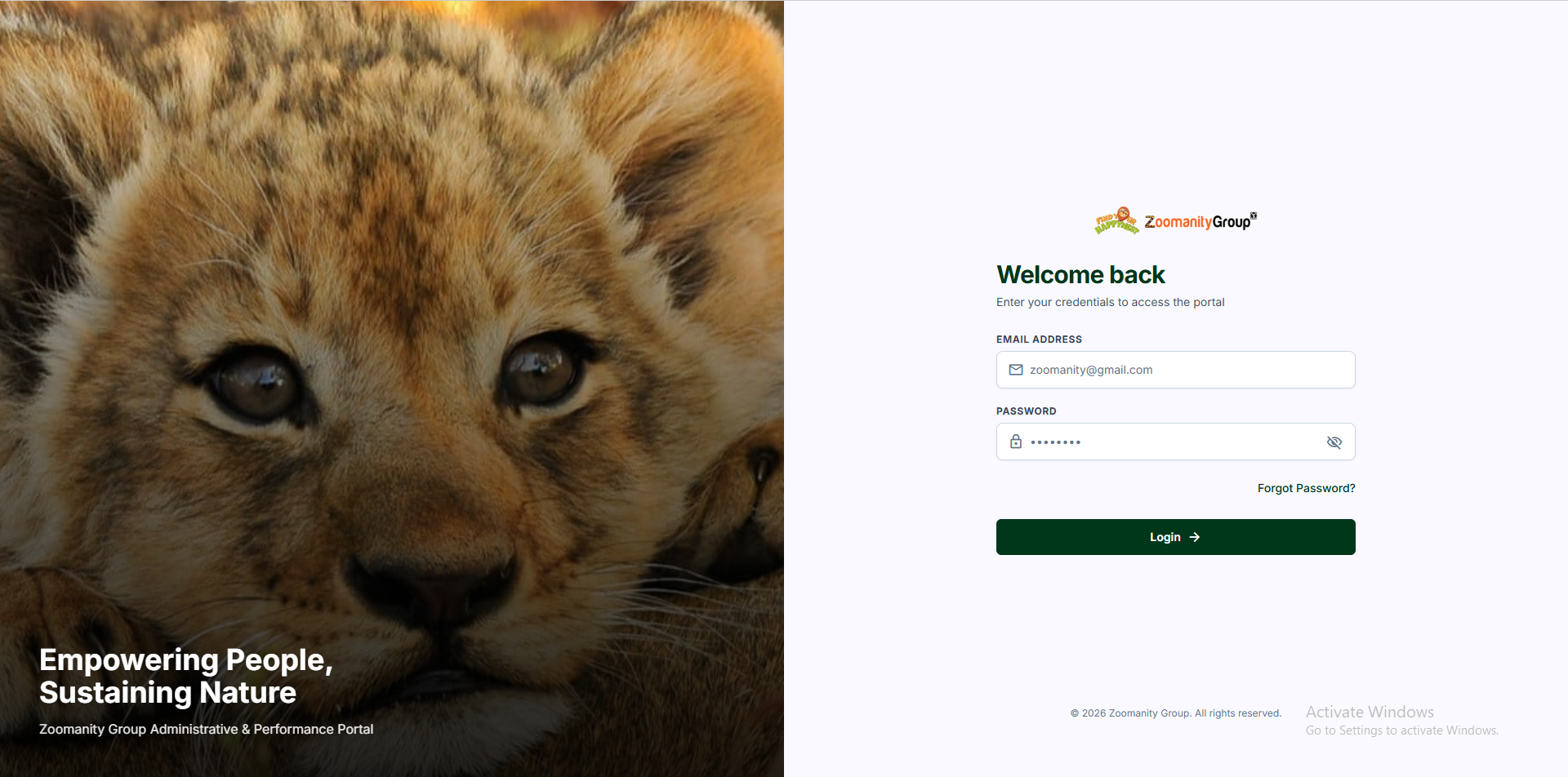 Zoomanity Group administrative and performance portal login