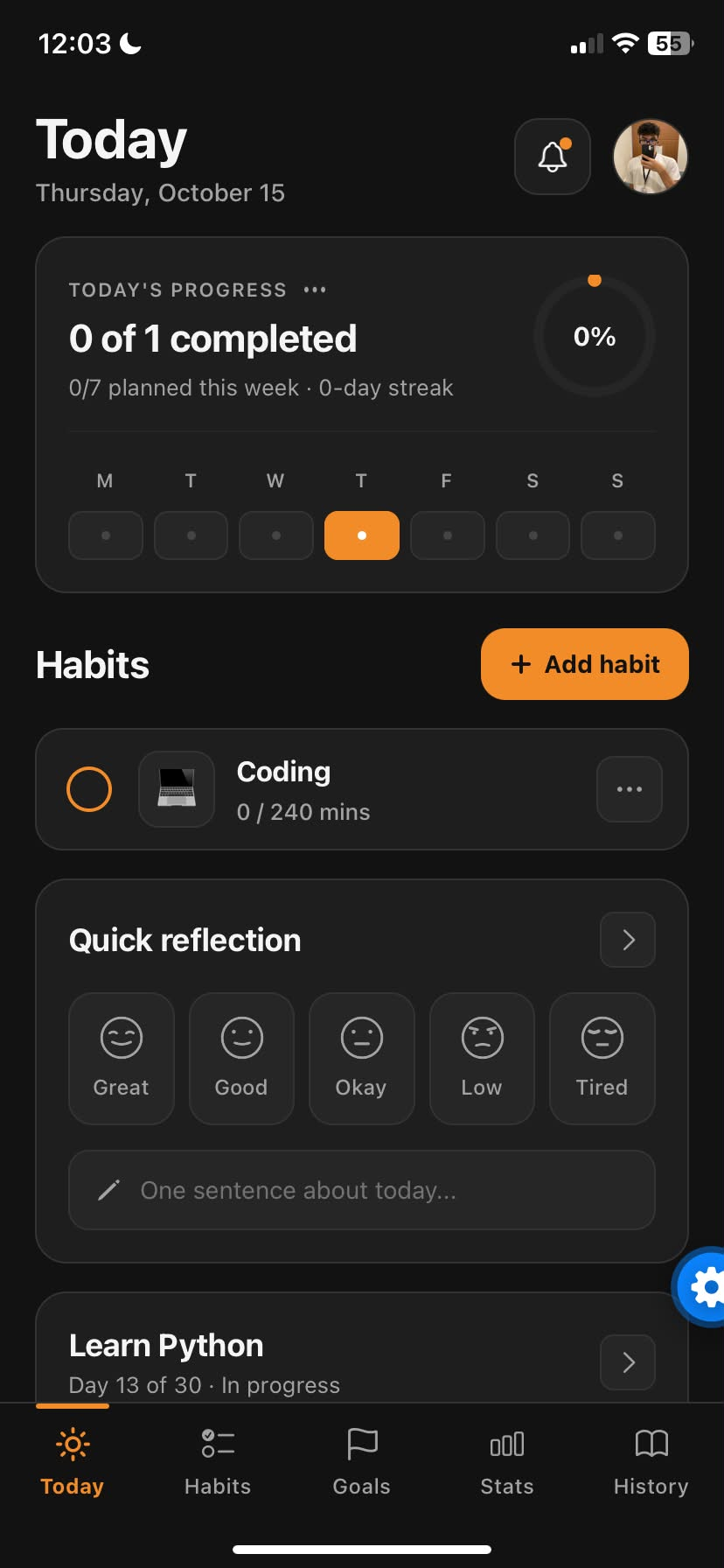 Daymark Today dashboard with daily habit progress and mood reflections
