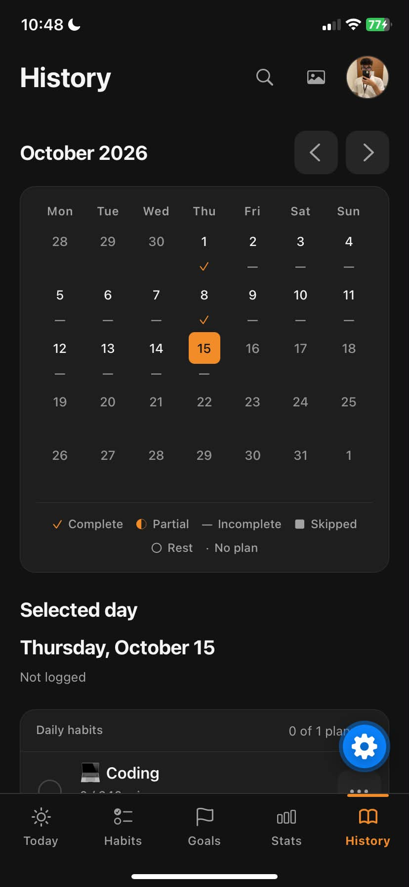 Daymark History page with a calendar and daily completion records