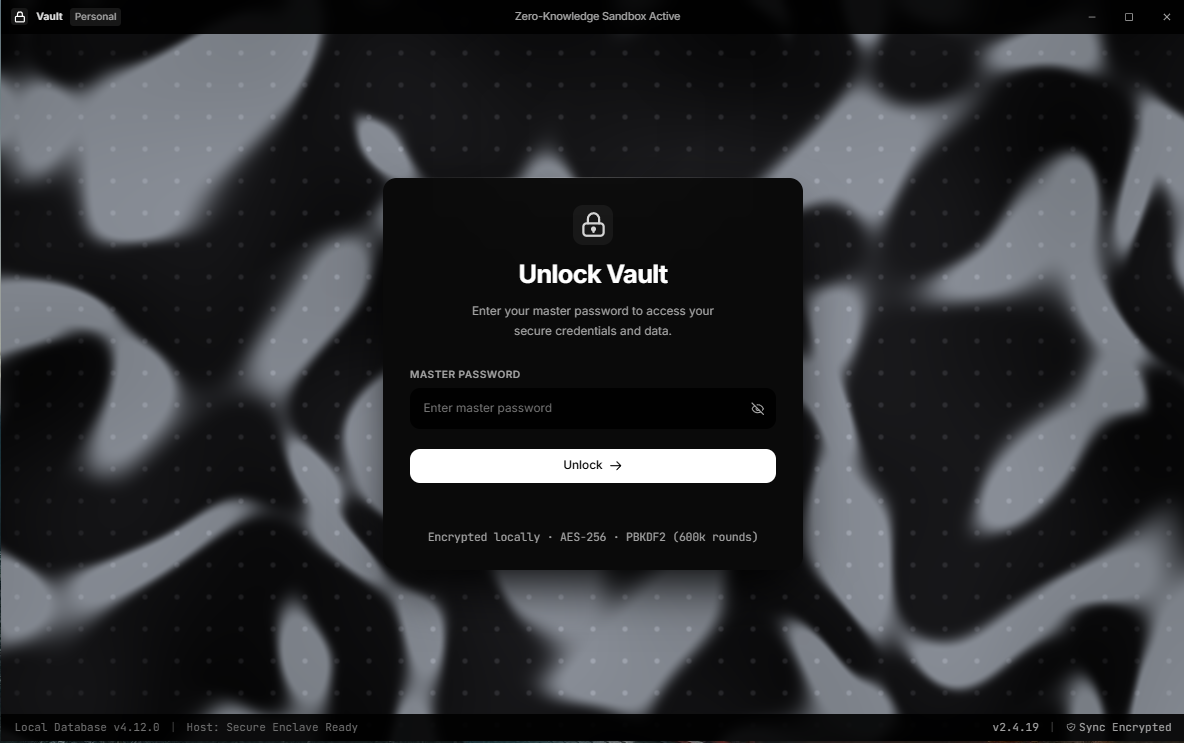 Zero-Knowledge Vault unlock screen with master password entry