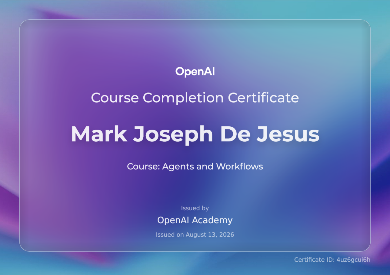 OpenAI course completion certificate for Agents and Workflows