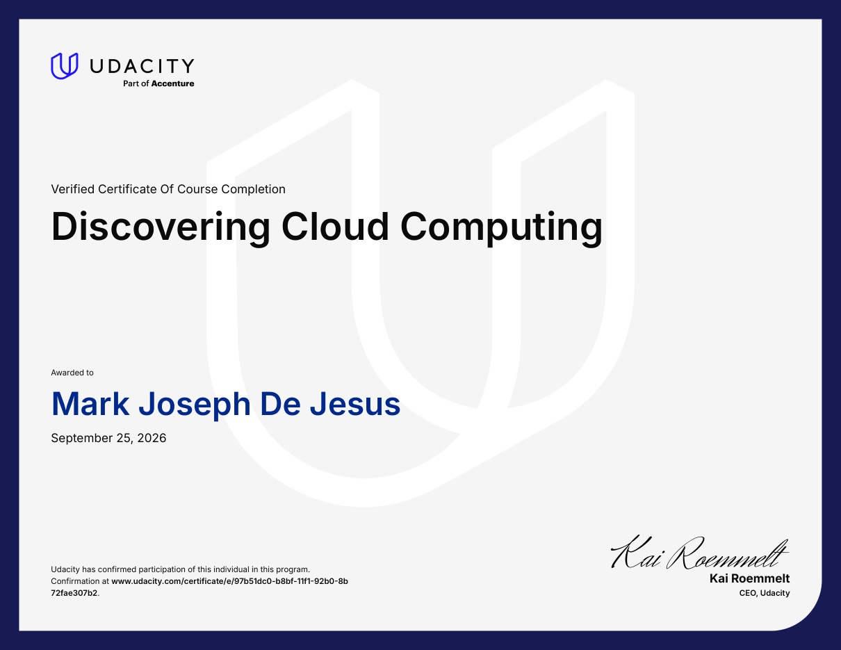 Udacity verified certificate of course completion for Discovering Cloud Computing