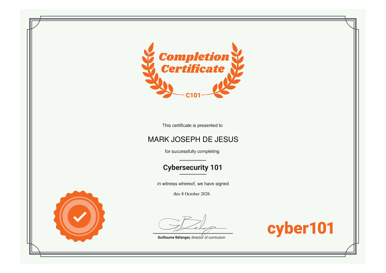 cyber101 completion certificate for Cybersecurity 101
