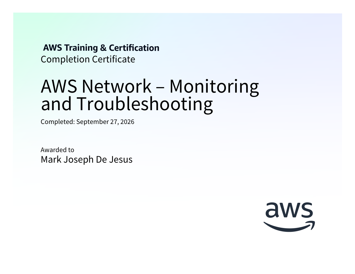 AWS Training and Certification completion certificate for AWS Network Monitoring and Troubleshooting
